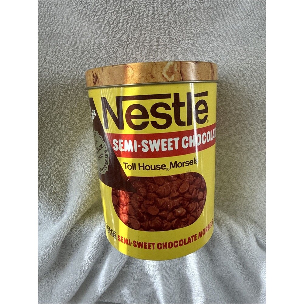 Vintage Nestle Toll House Morsels Metal Can 5 1/2” Diameter 7 1/2” Tall